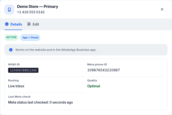 Converla light admin — WhatsApp number Details and Edit modal with icons