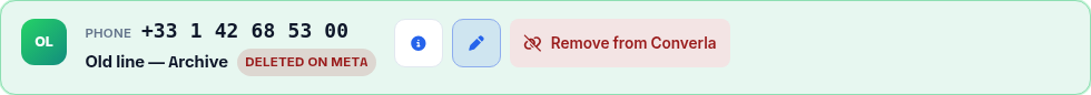 Converla admin — Deleted on Meta row with Remove from workspace action